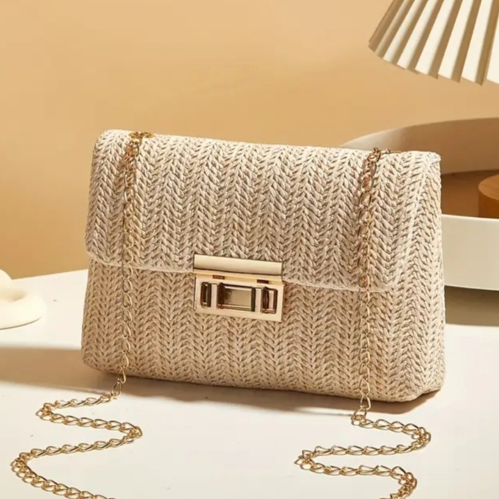 Women's Beige Woven Chain Bag with Gold Hardware & Finishings, 5.5×8×2, NWOT - Picture 4 of 5